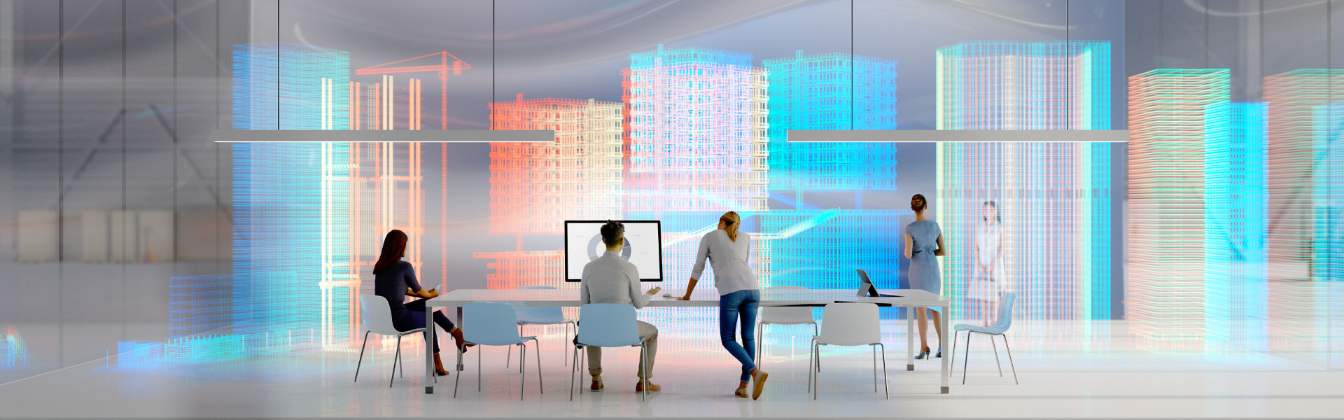 Équipe devant un grand écran de données